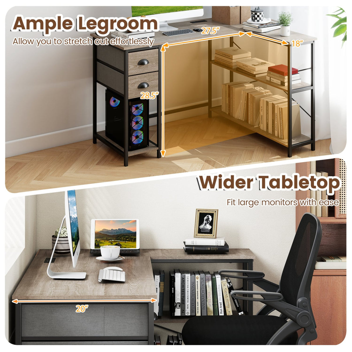 L Shaped Desk with Charging Station Corner Computer Desk with 2 Fabric Drawers-Oak view 9
