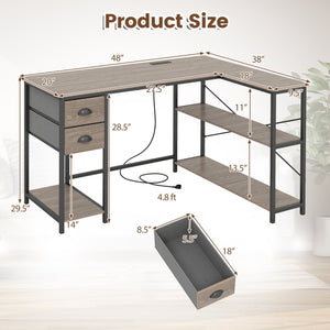 L Shaped Desk with Charging Station Corner Computer Desk with 2 Fabric Drawers-Oak view 5