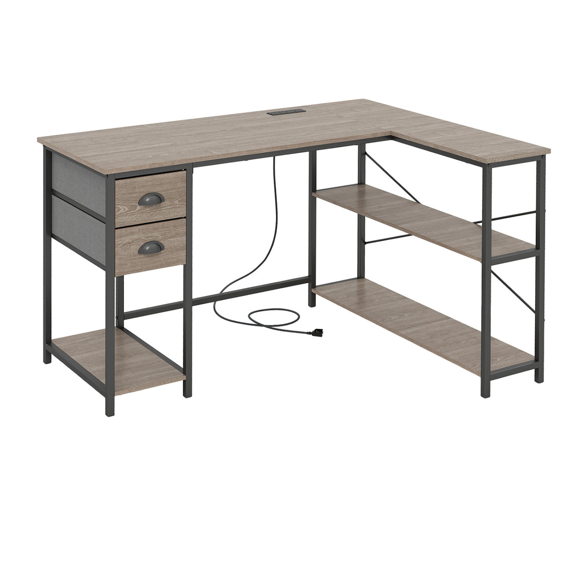 L Shaped Desk with Charging Station Corner Computer Desk with 2 Fabric Drawers-Oak view 4