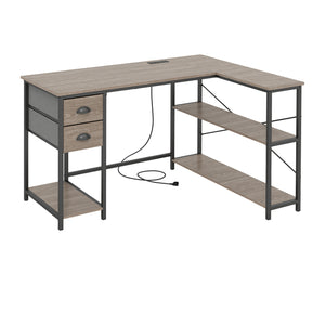 L Shaped Desk with Charging Station Corner Computer Desk with 2 Fabric Drawers-Oak view 4