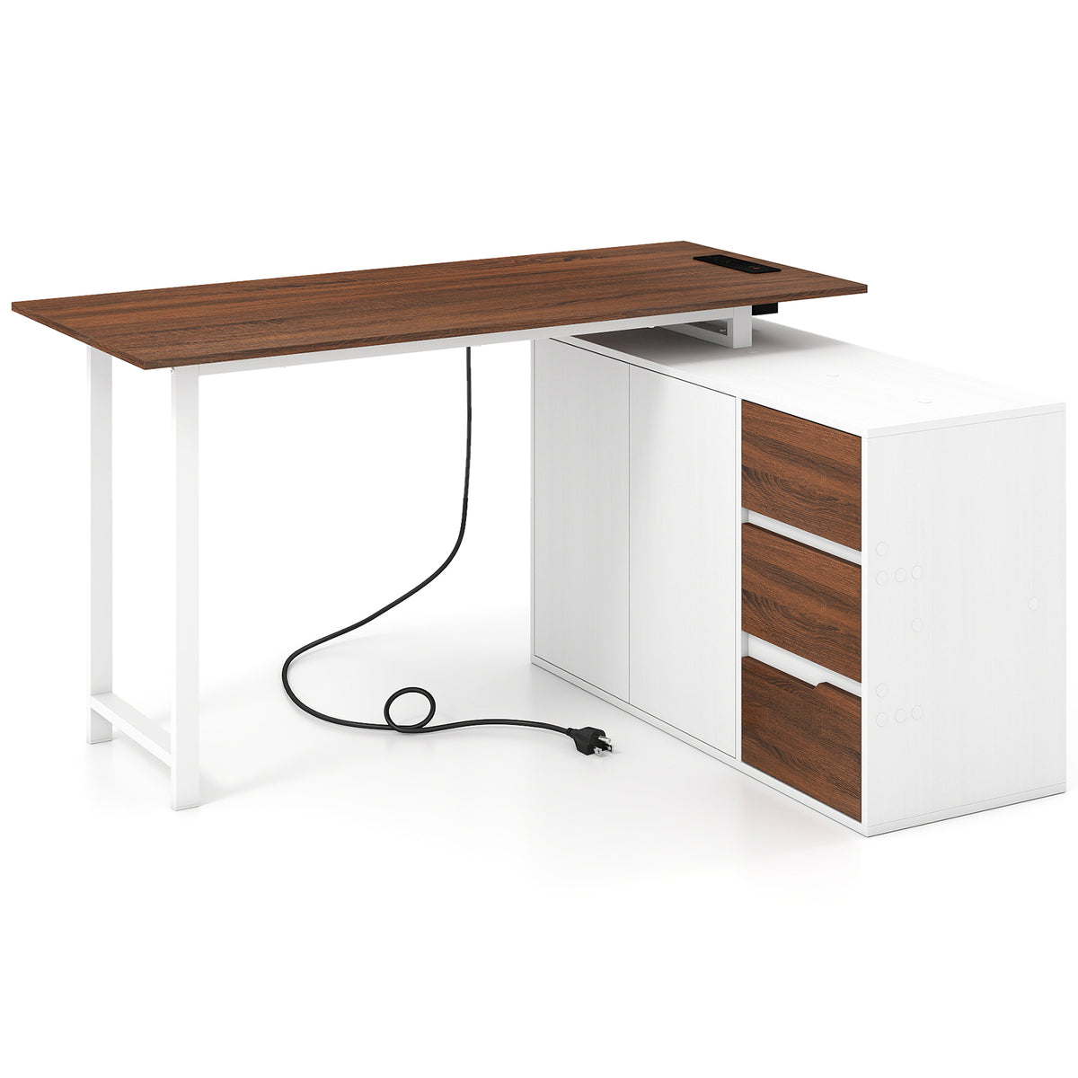 L-Shaped Desk with File Cabinet and Power Outlet Reversible Corner Computer Desk-White view 4
