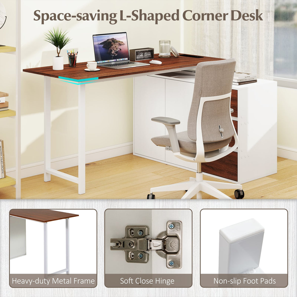 L-Shaped Desk with File Cabinet and Power Outlet Reversible Corner Computer Desk-White view 7