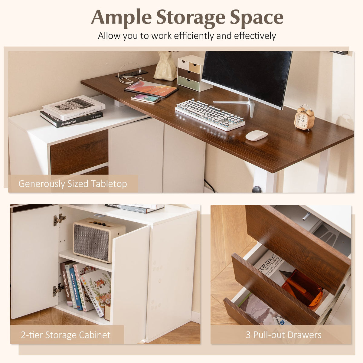 L-Shaped Desk with File Cabinet and Power Outlet Reversible Corner Computer Desk-White view 8