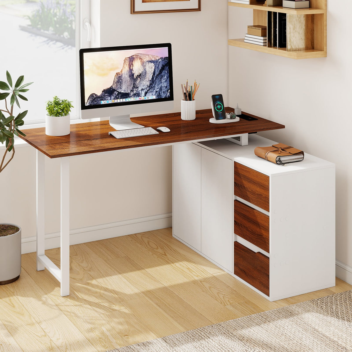 L-Shaped Desk with File Cabinet and Power Outlet Reversible Corner Computer Desk-White view 6