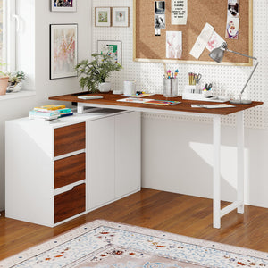 L-Shaped Desk with File Cabinet and Power Outlet Reversible Corner Computer Desk-White view 2