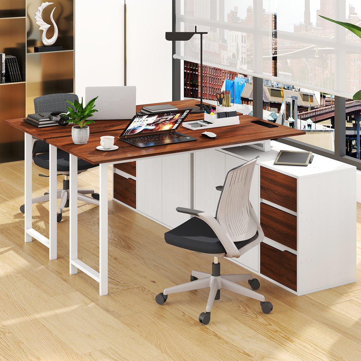 L-Shaped Desk with File Cabinet and Power Outlet Reversible Corner Computer Desk-White view 3