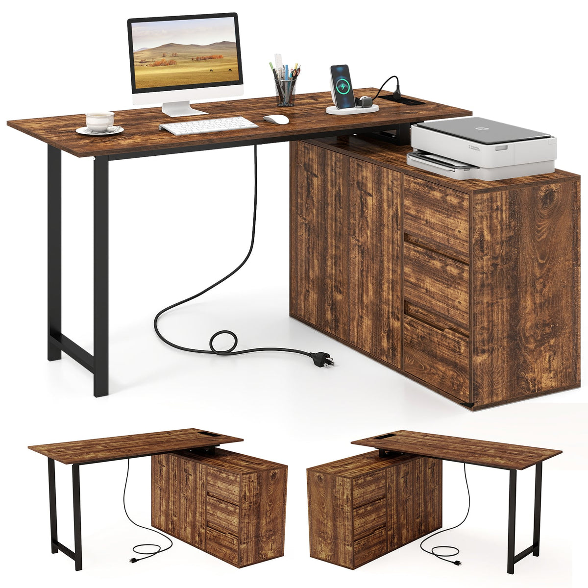 L-Shaped Desk with File Cabinet and Power Outlet Reversible Corner Computer Desk-Rustic Brown