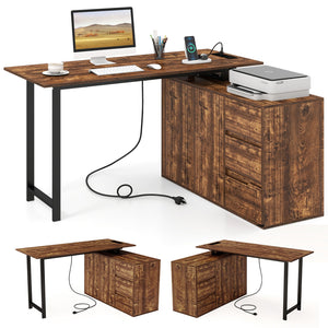 L-Shaped Desk with File Cabinet and Power Outlet Reversible Corner Computer Desk-Rustic Brown