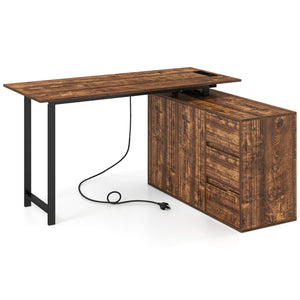 L-Shaped Desk with File Cabinet and Power Outlet Reversible Corner Computer Desk-Rustic Brown view 4