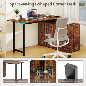 L-Shaped Desk with File Cabinet and Power Outlet Reversible Corner Computer Desk-Rustic Brown view 7