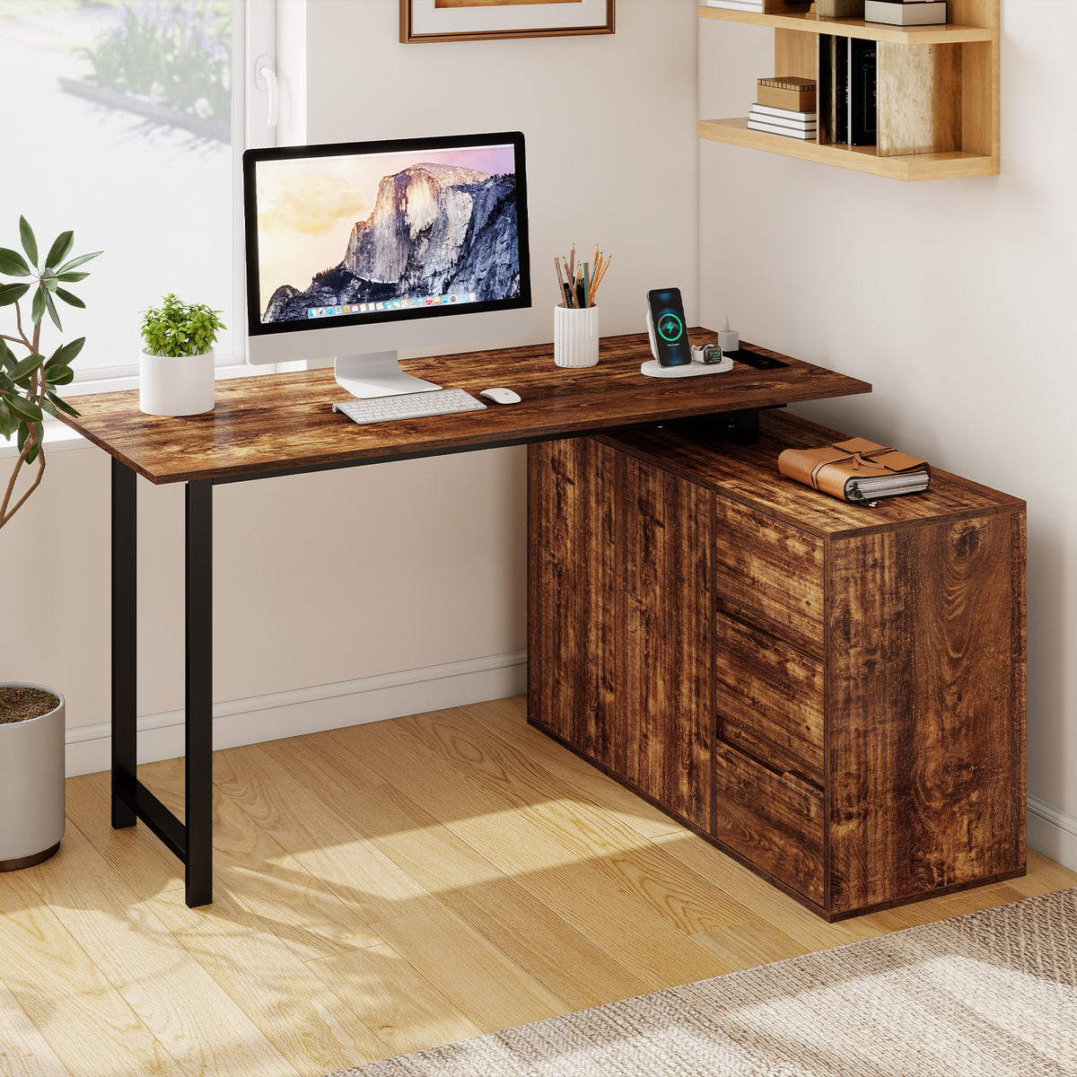 L-Shaped Desk with File Cabinet and Power Outlet Reversible Corner Computer Desk-Rustic Brown view 2