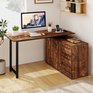 L-Shaped Desk with File Cabinet and Power Outlet Reversible Corner Computer Desk-Rustic Brown view 2