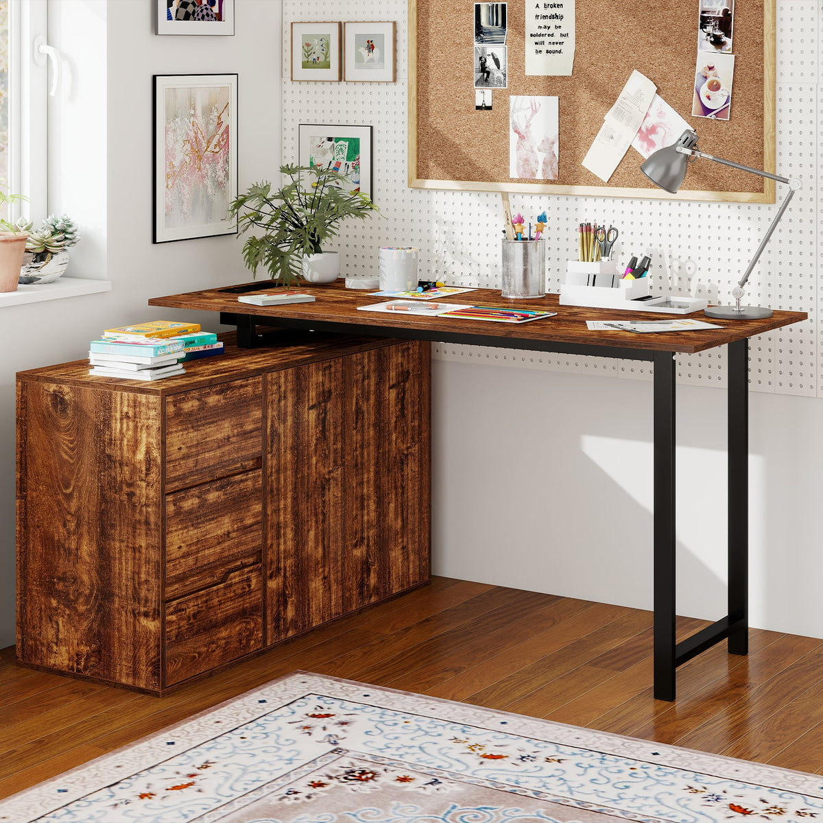 L-Shaped Desk with File Cabinet and Power Outlet Reversible Corner Computer Desk-Rustic Brown view 3