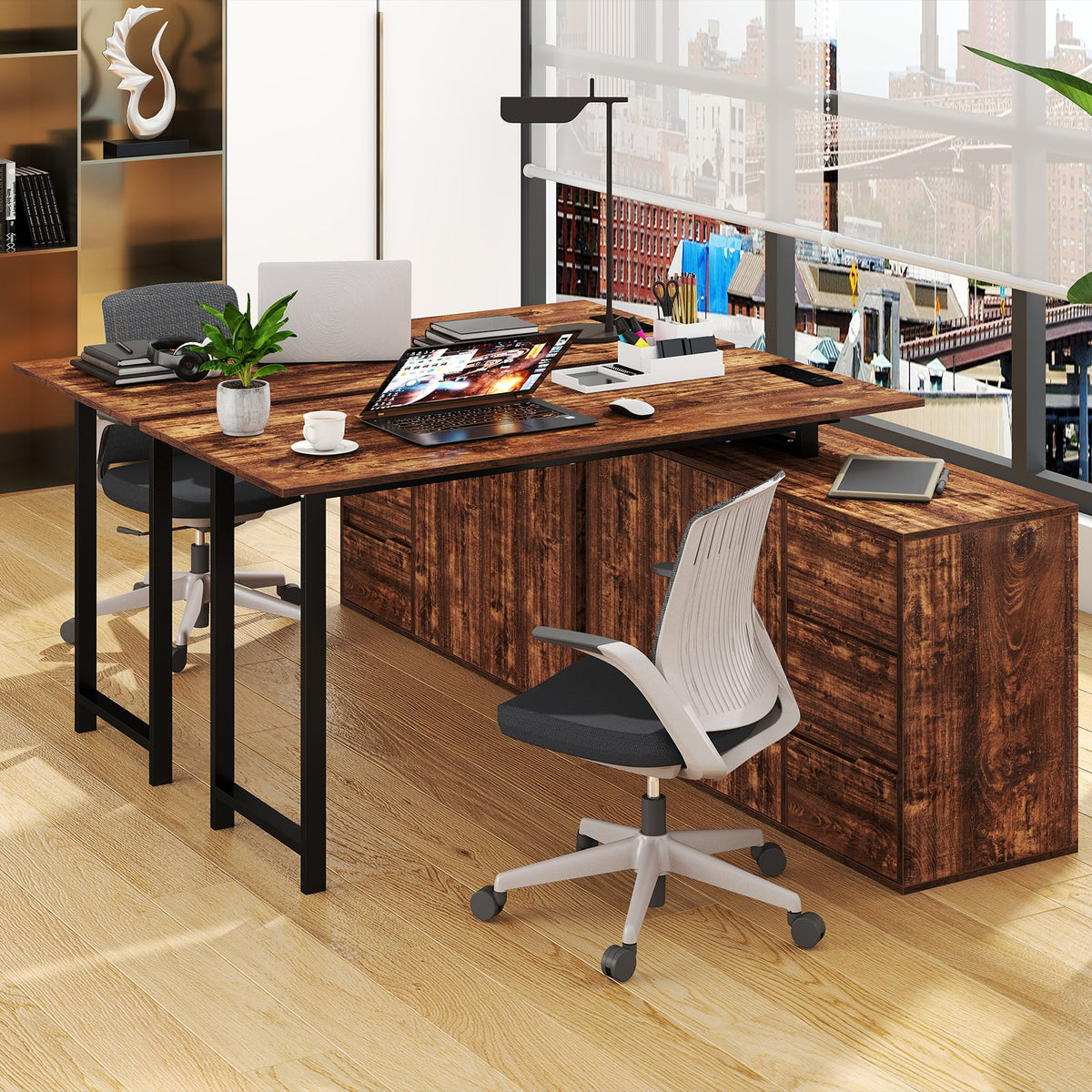 L-Shaped Desk with File Cabinet and Power Outlet Reversible Corner Computer Desk-Rustic Brown view 6