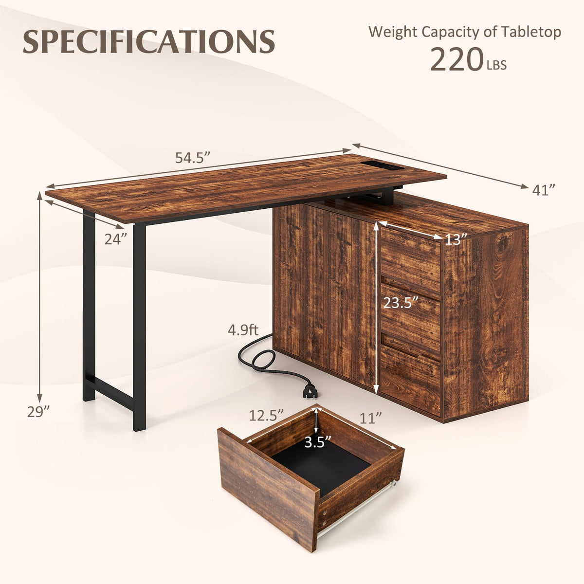 L-Shaped Desk with File Cabinet and Power Outlet Reversible Corner Computer Desk-Rustic Brown view 5