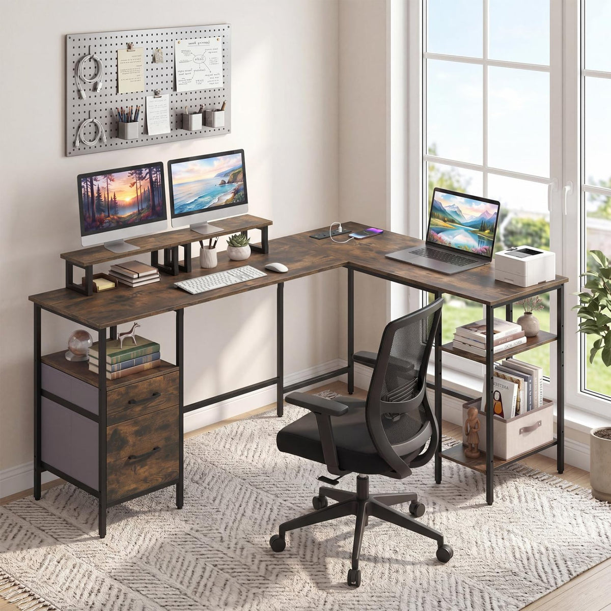 L Shaped Desk with Power Outlet Reversible Computer Desk with Monitor Stands-Rustic Brown view 2
