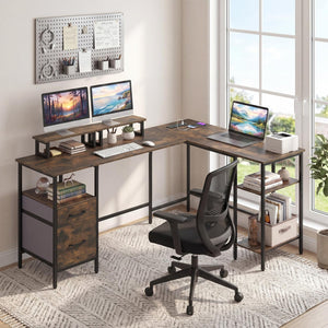 L Shaped Desk with Power Outlet Reversible Computer Desk with Monitor Stands-Rustic Brown view 2