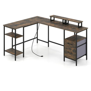 L Shaped Desk with Power Outlet Reversible Computer Desk with Monitor Stands-Rustic Brown