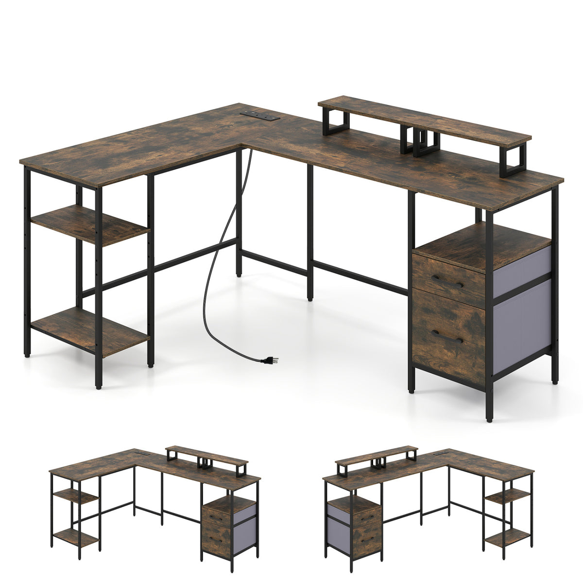 L Shaped Desk with Power Outlet Reversible Computer Desk with Monitor Stands-Rustic Brown view 4