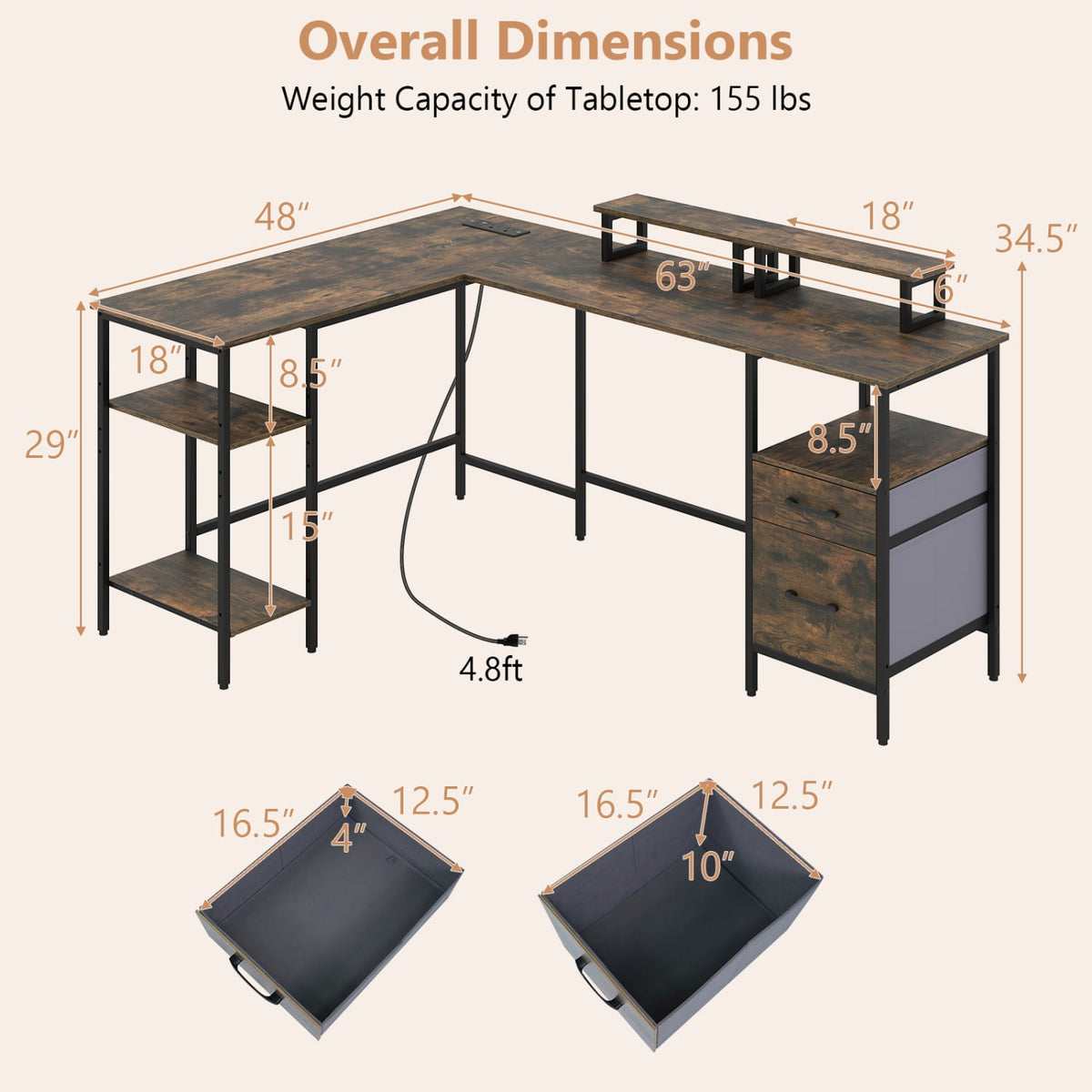 L Shaped Desk with Power Outlet Reversible Computer Desk with Monitor Stands-Rustic Brown view 5