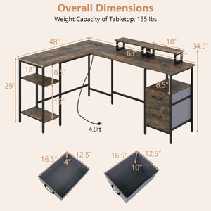 L Shaped Desk with Power Outlet Reversible Computer Desk with Monitor Stands-Rustic Brown view 5