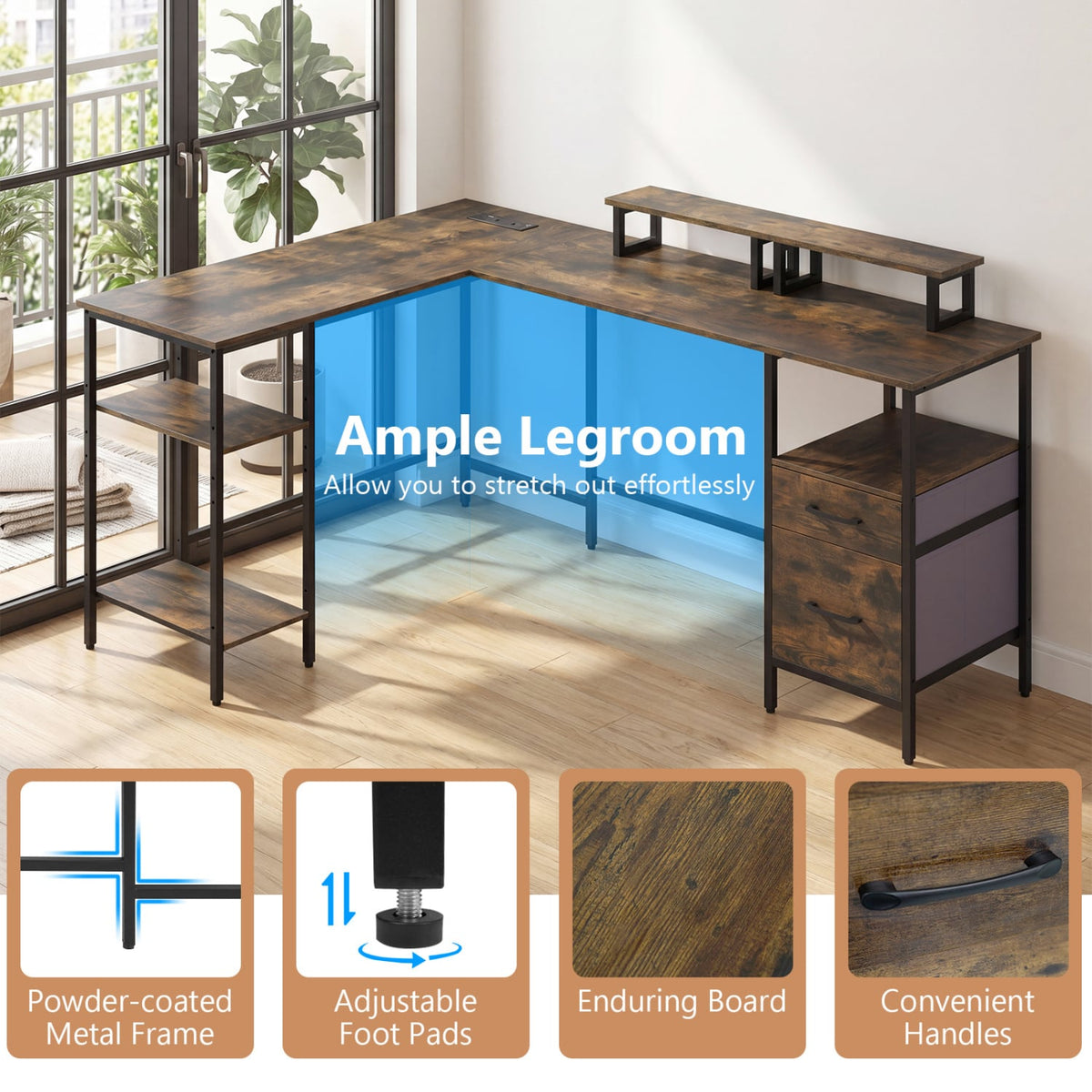 L Shaped Desk with Power Outlet Reversible Computer Desk with Monitor Stands-Rustic Brown view 7