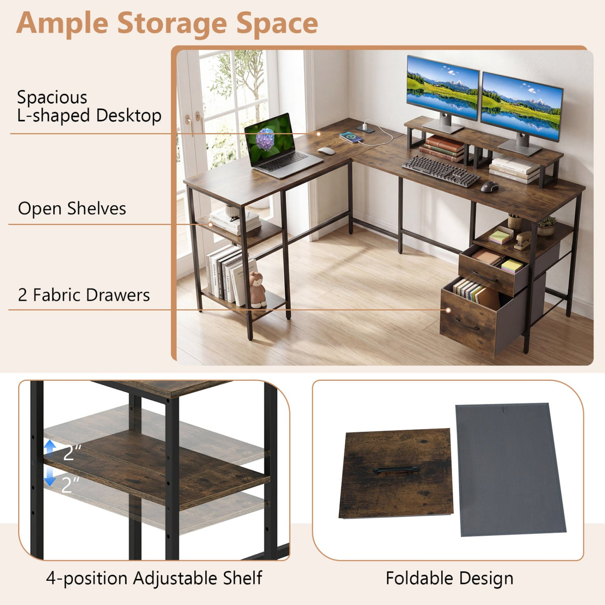 L Shaped Desk with Power Outlet Reversible Computer Desk with Monitor Stands-Rustic Brown view 8
