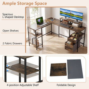 L Shaped Desk with Power Outlet Reversible Computer Desk with Monitor Stands-Rustic Brown view 8