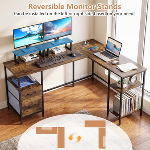 L Shaped Desk with Power Outlet Reversible Computer Desk with Monitor Stands-Rustic Brown view 9