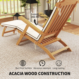 Folding Patio Lounge Chair with Padded Cushion, Acacia Wood Patio Lounger Recliner with Footrest for – view 12