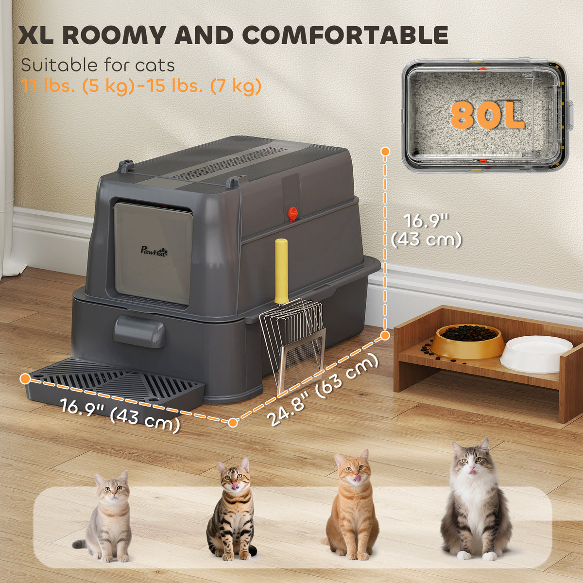 80L XL Stainless Steel Cat Litter Box for Big Cats with Flip Cover, Pull-Out Drawer Tray, High Sided – view 4