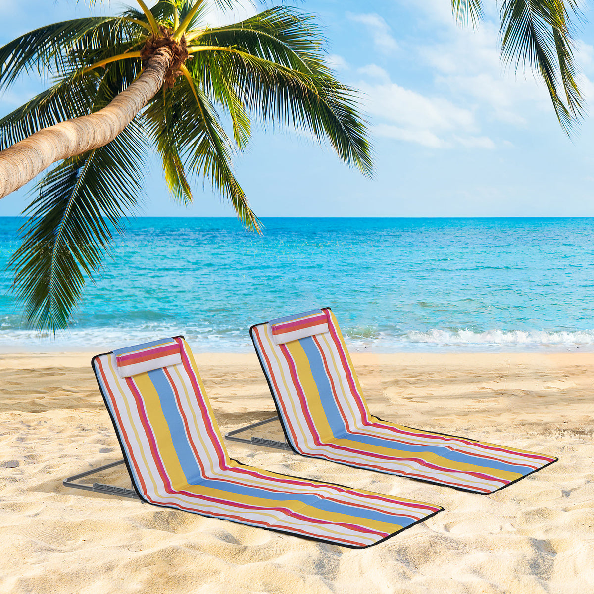 Set of 2 Beach Lounge Chair Sun Lounger, Folding Ground Beach Mat w/ Adjustable Back, Steel Frame, Head Pillow and Carry Bag for Backyard Lakeside, Red and White
