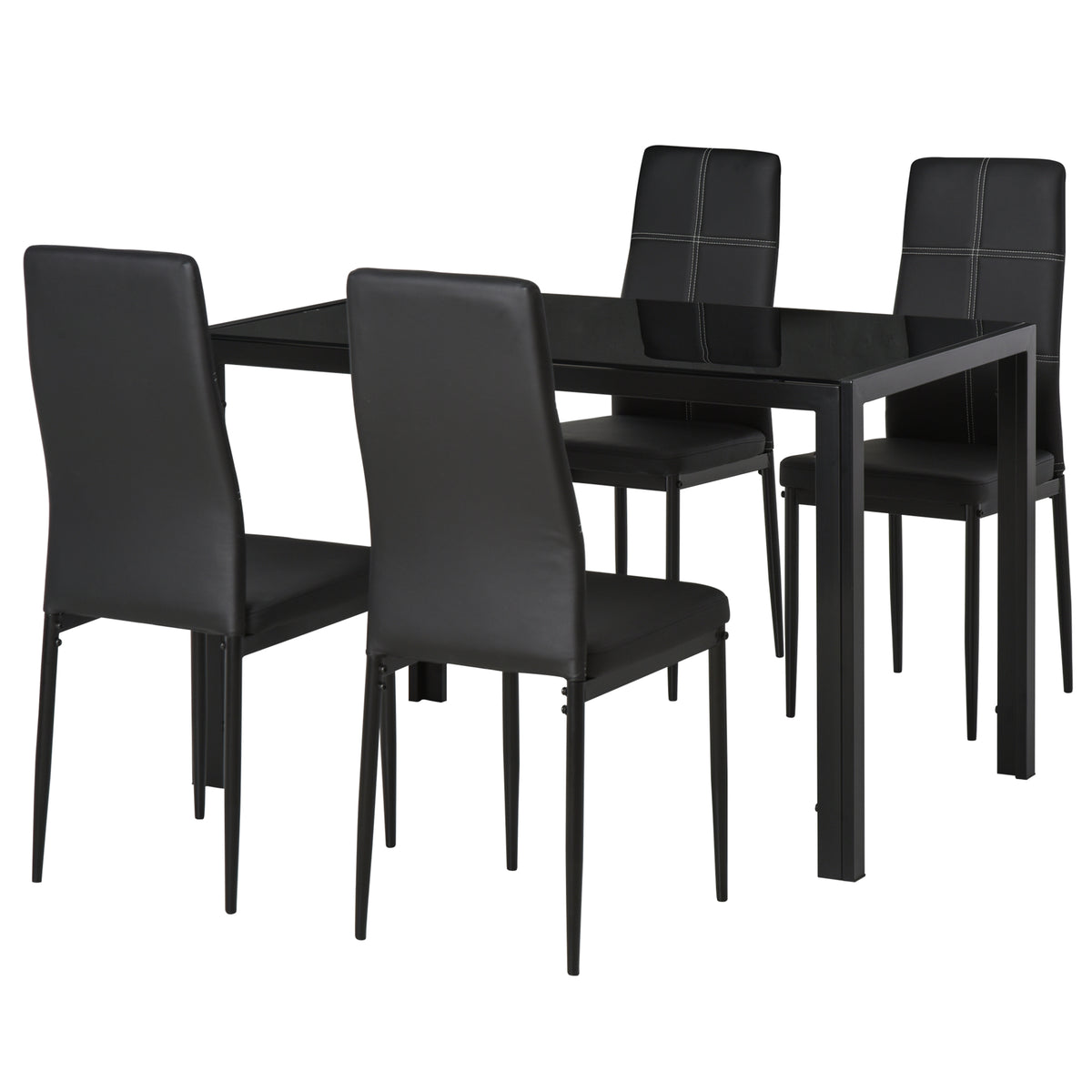 5-Piece Rectangular Glass Kitchen Table and Chairs with Metal Frame and Faux Leather Upholstery for Dining