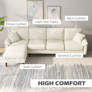 L-Shape Sofa, Modern Sectional Couch with Changeable Chaise Lounge, Pillows and Wooden Legs for Living Room, Cream White