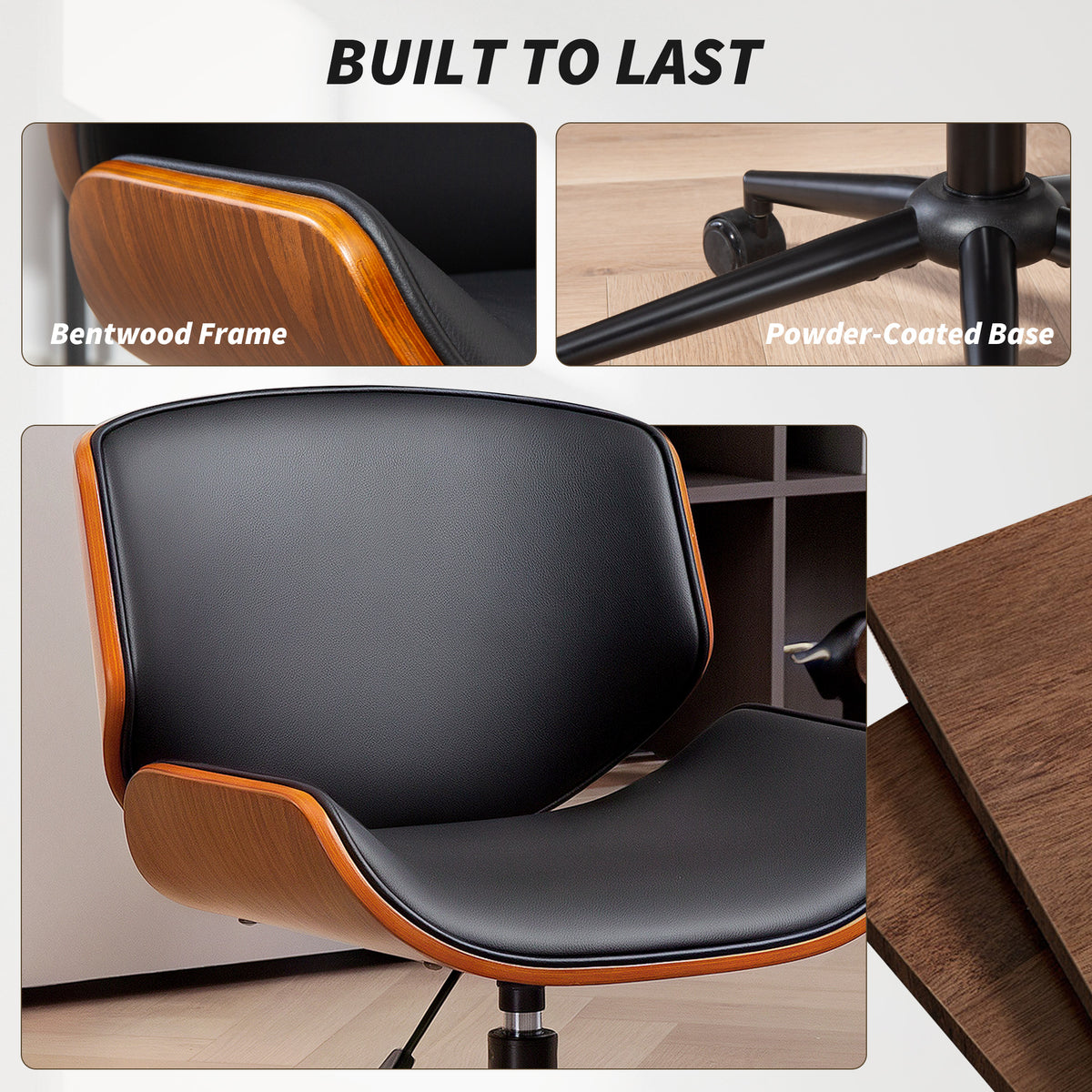 Mid-Century Modern Office Chair No Arms with Wheels, Small Computer Desk Chair with PU Leather Upholstery, Bentwood