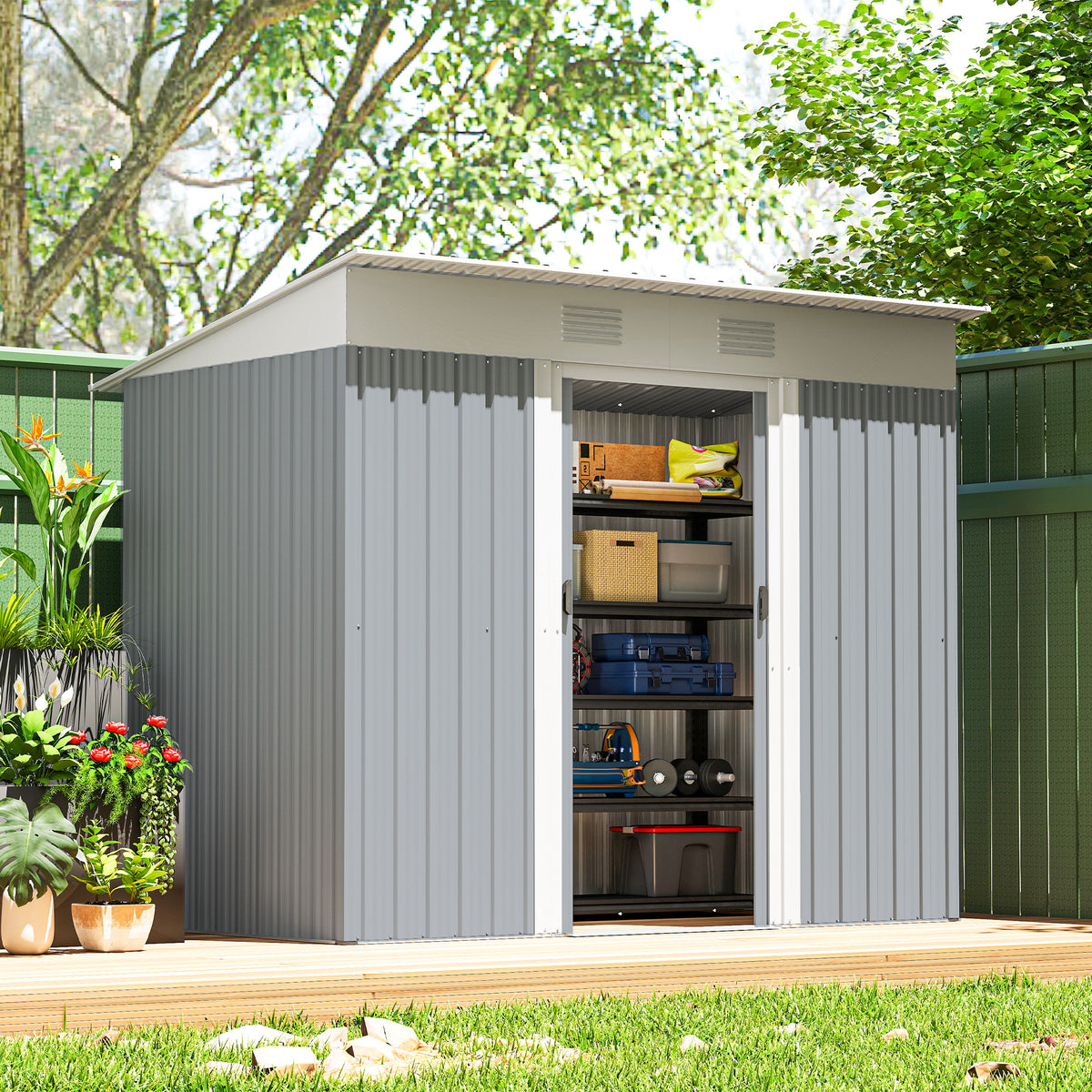 6' x 4' Outdoor Storage Shed, Metal Garden Tool Storage House Organizer with Lockable Sliding Doors and – view 49