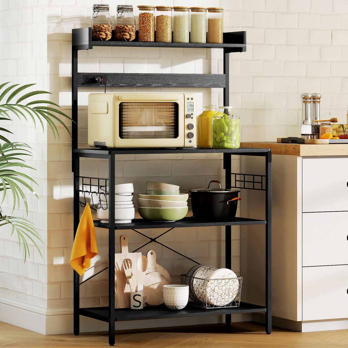 Kitchen Baker's Rack with Power Outlet, Coffee Bar Station with Adjustable Shelves and Hooks – view 14