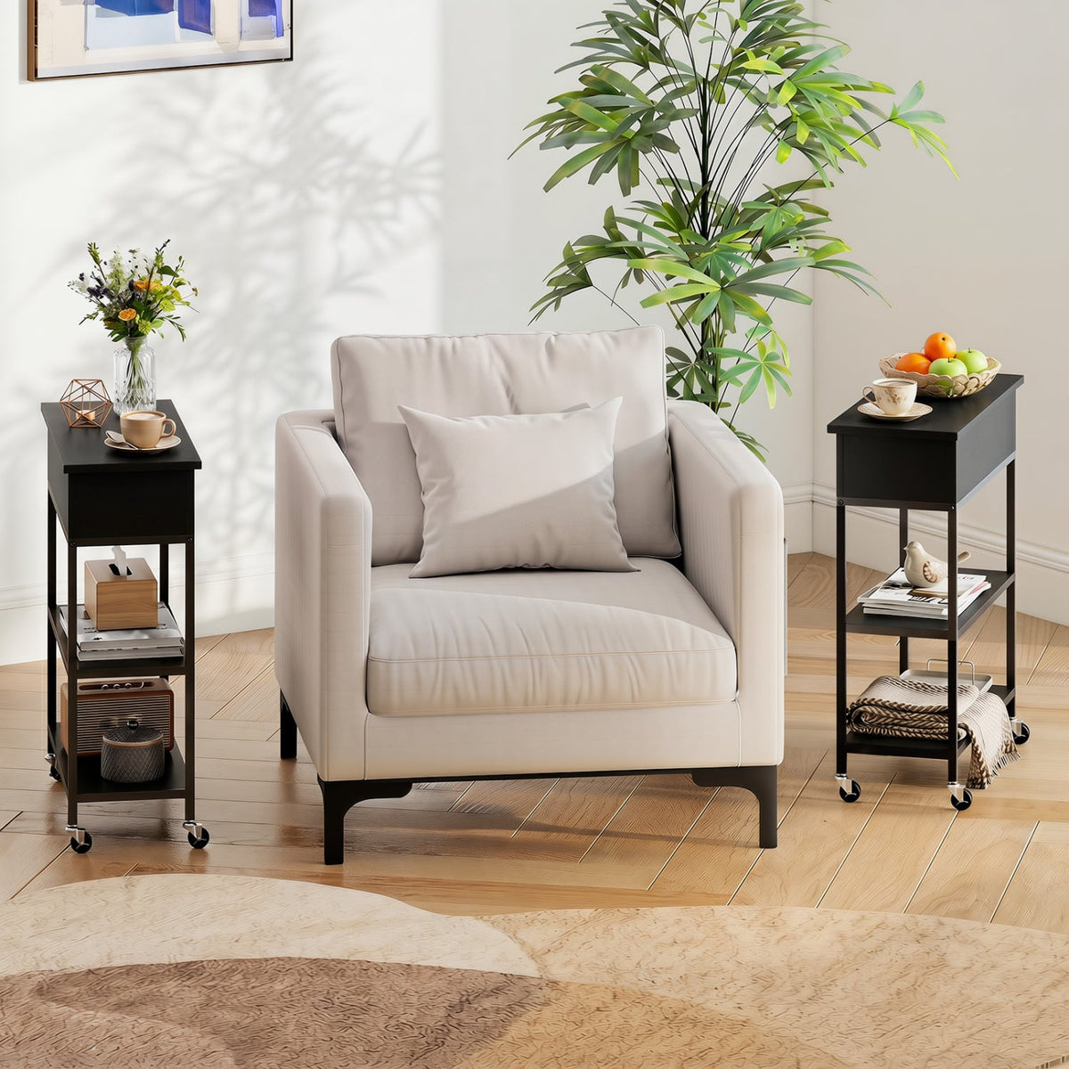 Lift Top End Table with Charging Station and Universal Wheels-Black view 6