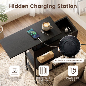 Lift Top End Table with Charging Station and Universal Wheels-Black view 7