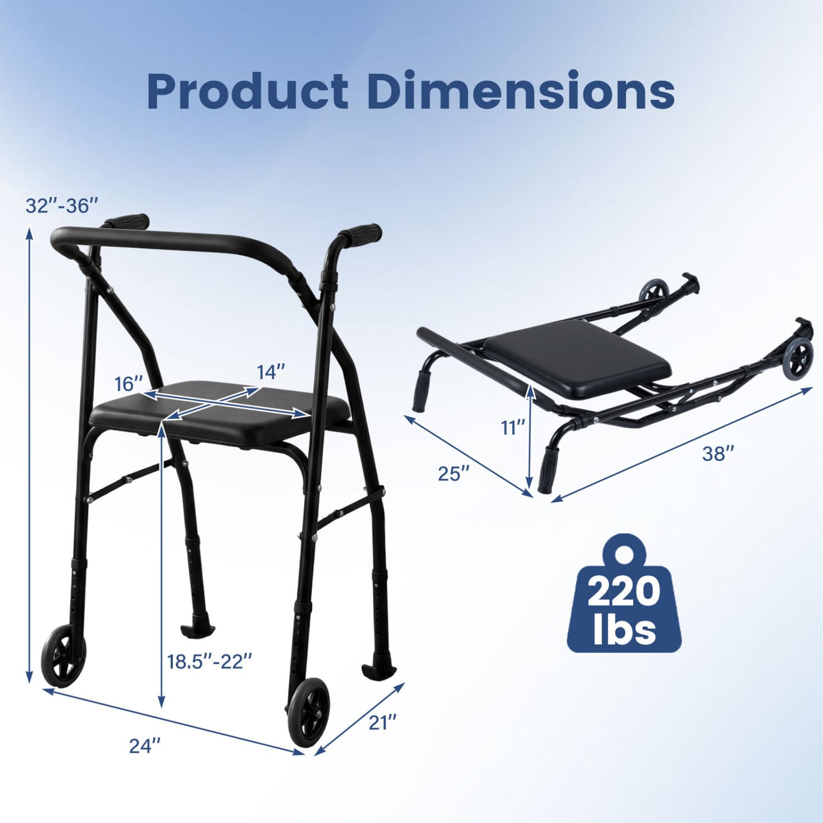 Lightweight Aluminum Mobility Walker for Seniors with 2 Wheels 5-Level Adjustable Height and Padded Seat-Black view 4