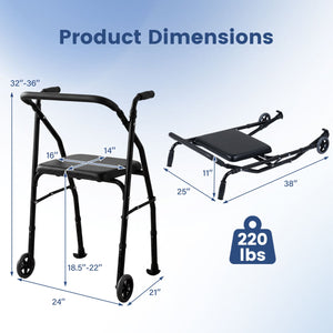 Lightweight Aluminum Mobility Walker for Seniors with 2 Wheels 5-Level Adjustable Height and Padded Seat-Black view 4