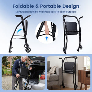 Lightweight Aluminum Mobility Walker for Seniors with 2 Wheels 5-Level Adjustable Height and Padded Seat-Black view 5