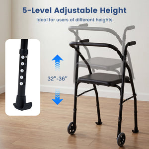 Lightweight Aluminum Mobility Walker for Seniors with 2 Wheels 5-Level Adjustable Height and Padded Seat-Black view 6