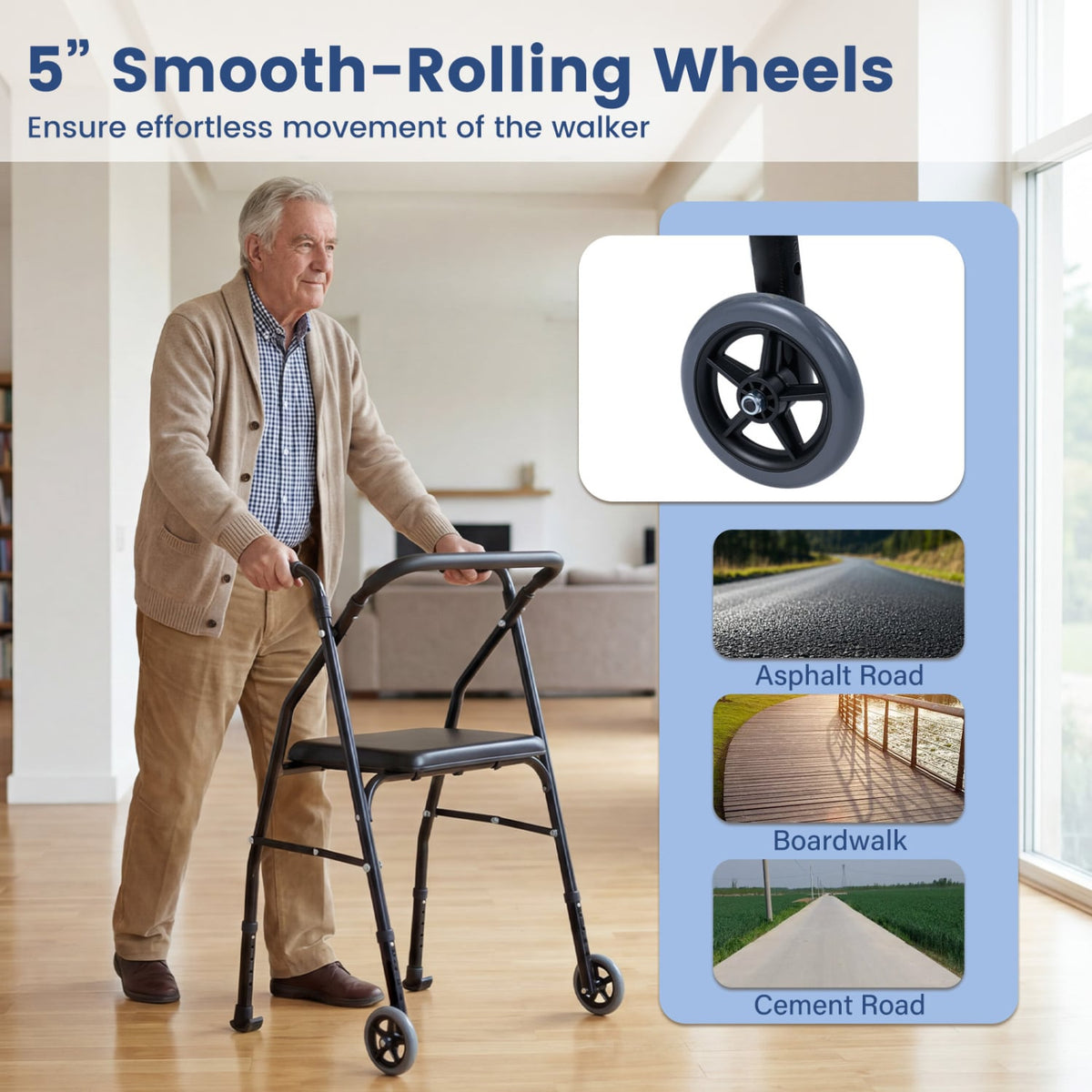 Lightweight Aluminum Mobility Walker for Seniors with 2 Wheels 5-Level Adjustable Height and Padded Seat-Black view 7