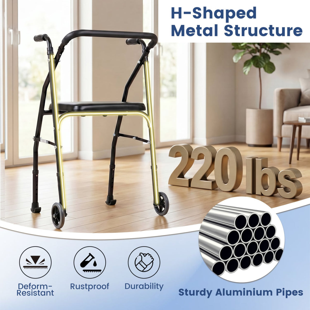 Lightweight Aluminum Mobility Walker for Seniors with 2 Wheels 5-Level Adjustable Height and Padded Seat-Black view 8