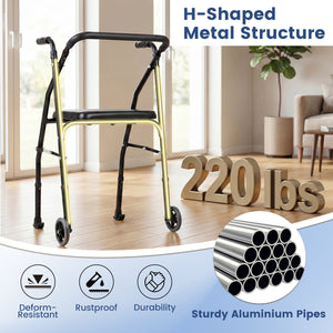 Lightweight Aluminum Mobility Walker for Seniors with 2 Wheels 5-Level Adjustable Height and Padded Seat-Black view 8