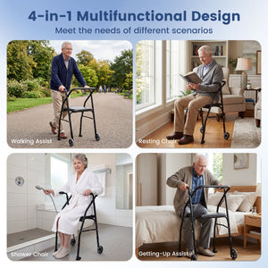 Lightweight Aluminum Mobility Walker for Seniors with 2 Wheels 5-Level Adjustable Height and Padded Seat-Black view 9