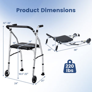 Lightweight Aluminum Mobility Walker for Seniors with 2 Wheels 5-Level Adjustable Height and Padded Seat-Sliver view 4