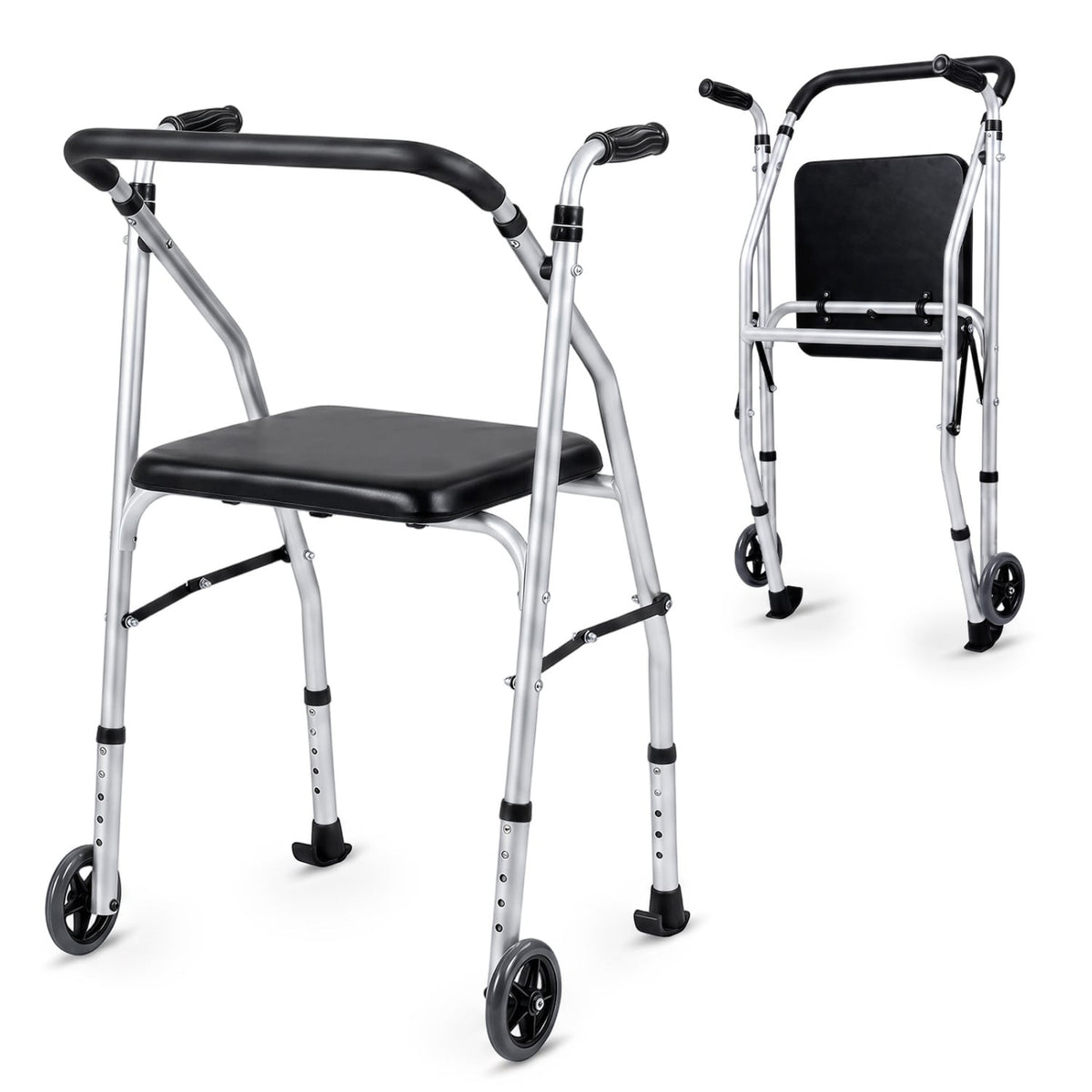 Lightweight Aluminum Mobility Walker for Seniors with 2 Wheels 5-Level Adjustable Height and Padded Seat-Sliver view 3