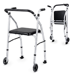Lightweight Aluminum Mobility Walker for Seniors with 2 Wheels 5-Level Adjustable Height and Padded Seat-Sliver view 3
